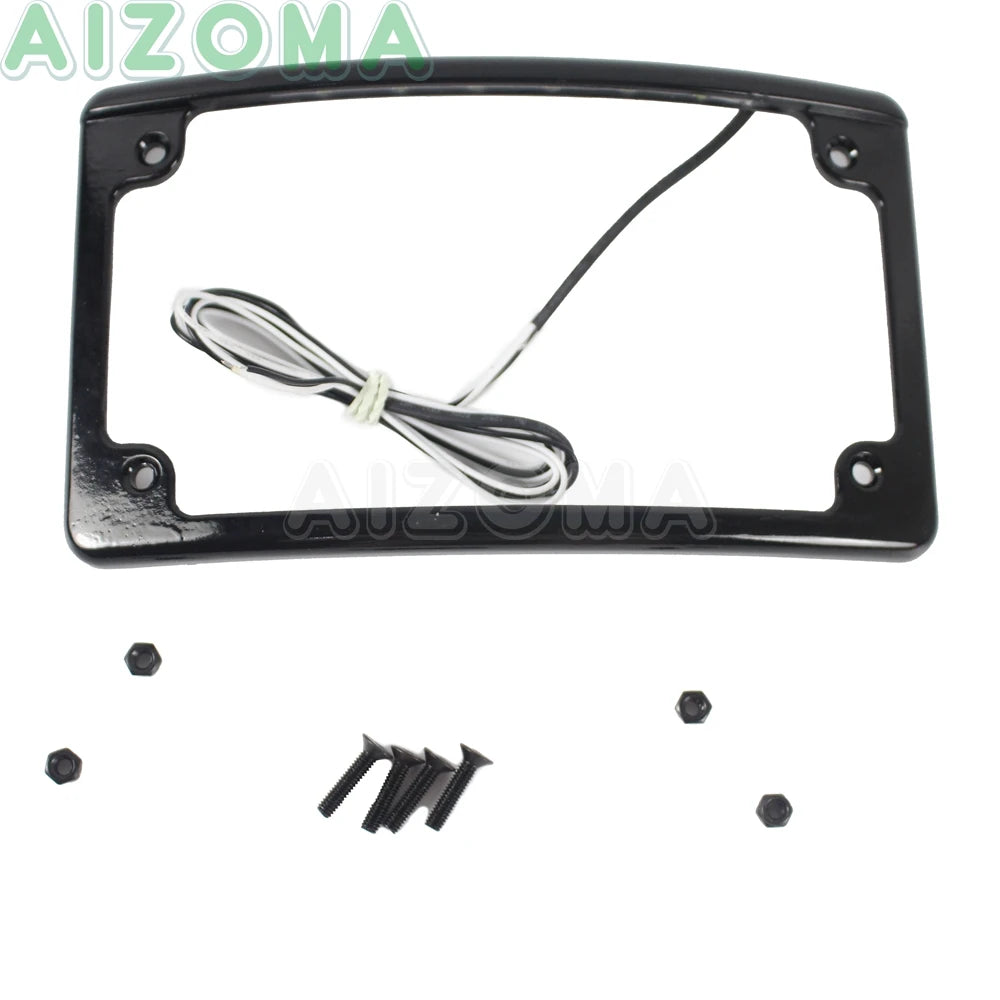 Motorcycle 6PCS LED Curved License Plate Frame with Light Fit Standard 7-3/16" x 4-1/4" License Number Plate Cover For Harley