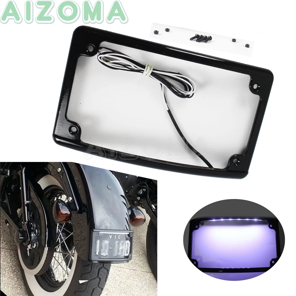 Motorcycle 6PCS LED Curved License Plate Frame with Light Fit Standard 7-3/16" x 4-1/4" License Number Plate Cover For Harley