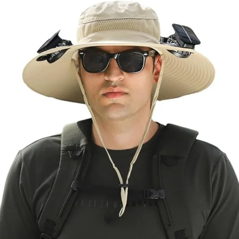 New Men's Fashion Wide Brim Solar Fan Hat UPF50+ Sun Protection with Dual Power (Solar USB) Adjustable Outdoor Beach Fishing Hat
