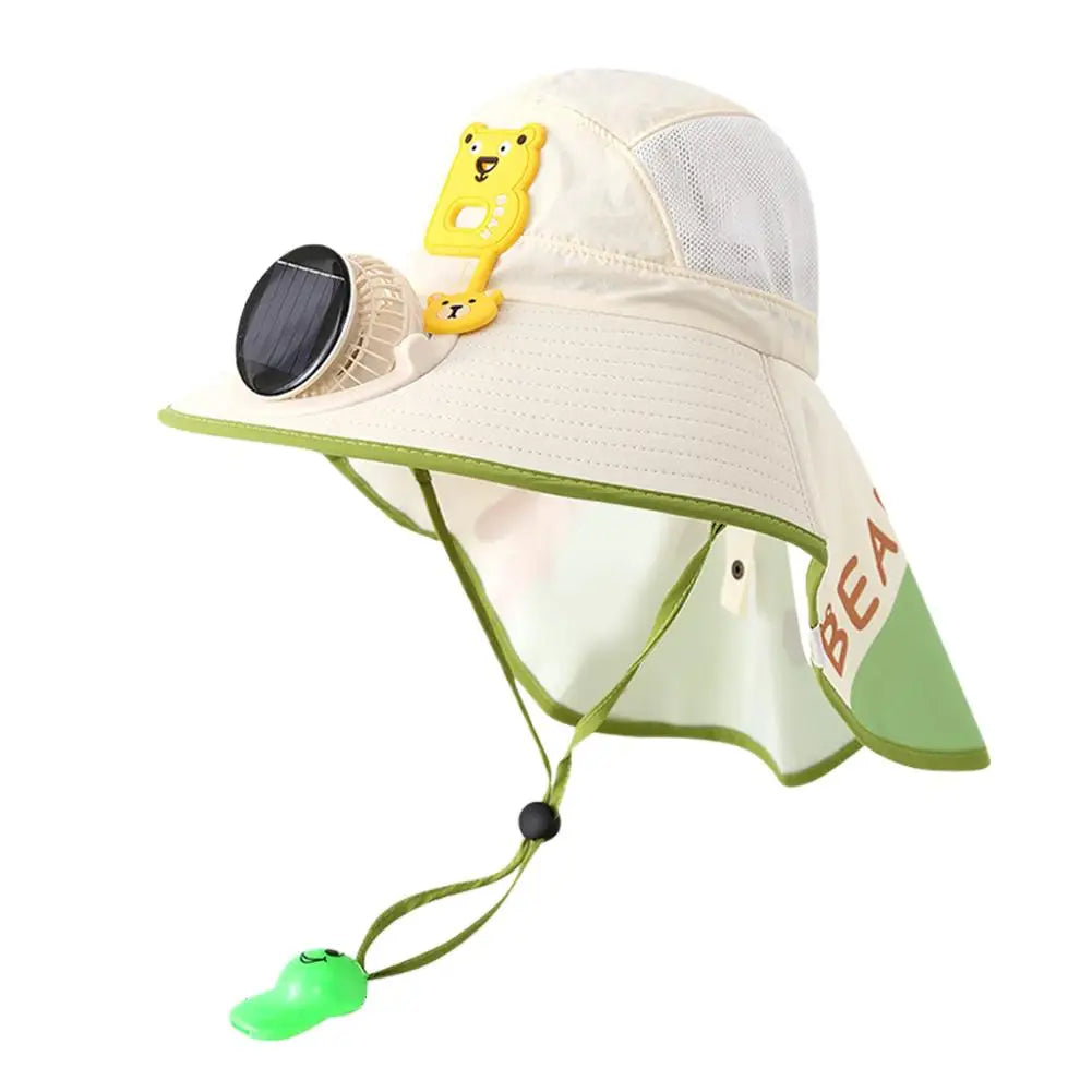 Kids Solar & USB Charging Fan Sun Hat Summer Breathable Mesh, Wide Brim UV Protection Sun Hat for Boys and Girls with Neck Cover