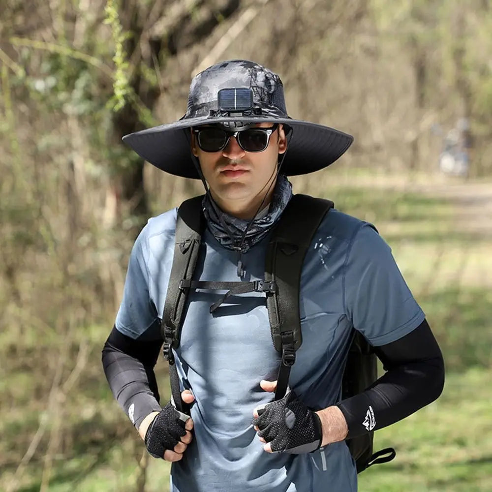 2 Solar Fan Sun Hat with Solar Fan Breathable USB Recharging Wide Brim Sun Hat Waterproof Solar Powered Dual Mode Fan Cap Men