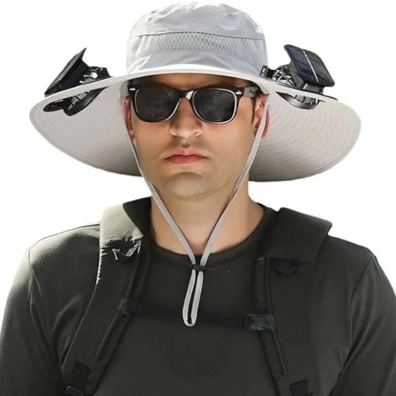 New Men's Fashion Wide Brim Solar Fan Hat UPF50+ Sun Protection with Dual Power (Solar USB) Adjustable Outdoor Beach Fishing Hat