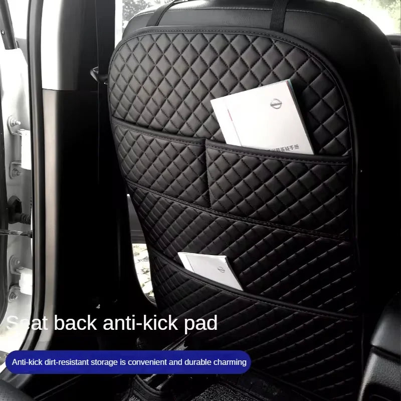 Universal Leather Car Seat Back Anti-Kick Mat, Waterproof Protective Cover with Storage Pocket, Rear Seat Child Protection