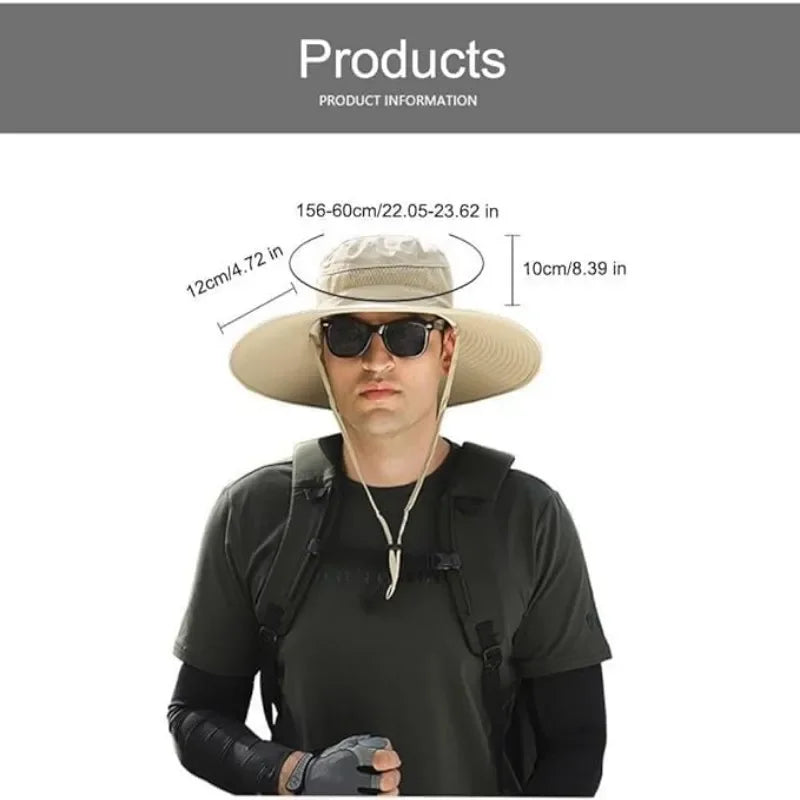 New Men's Fashion Wide Brim Solar Fan Hat UPF50+ Sun Protection with Dual Power (Solar USB) Adjustable Outdoor Beach Fishing Hat