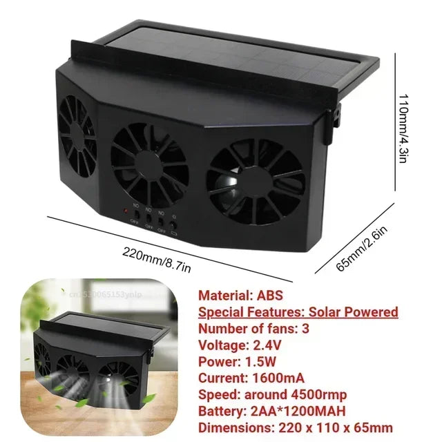 USB Solar Rechargeable Car Exhaust Fan 3 Head High Wind Air Circulation Cooling Ventilation Heat Dissipation Auto Vehicle Cooler