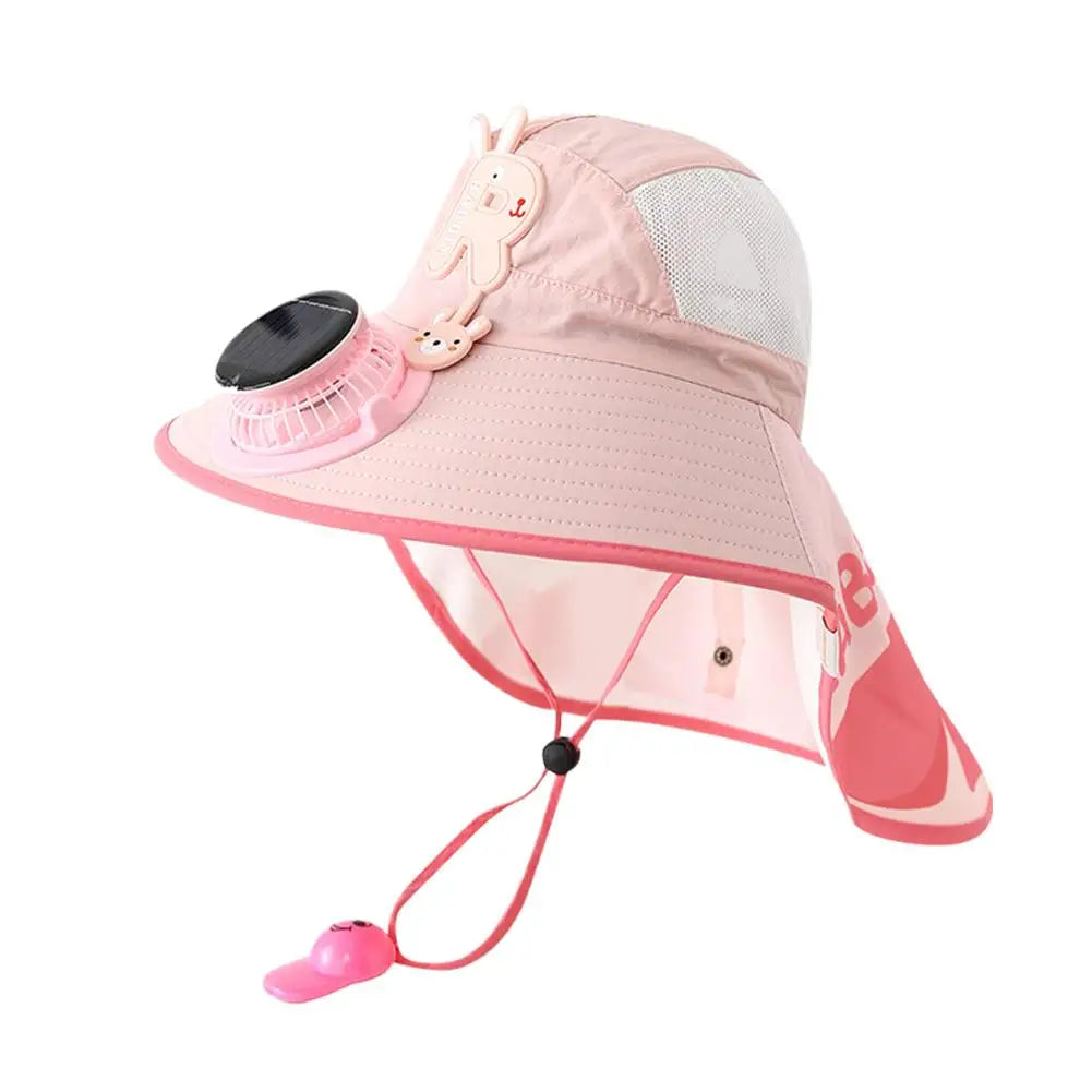 Kids Solar & USB Charging Fan Sun Hat Summer Breathable Mesh, Wide Brim UV Protection Sun Hat for Boys and Girls with Neck Cover