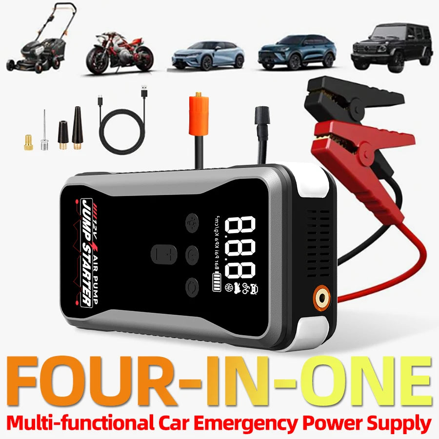 Portable large-capacity 12V 8000A smart emergency car jump starter with air compressor, multifunctional emergency flashlight, power bank, air pump. Suitable for all gasoline vehicles and all types of engines.