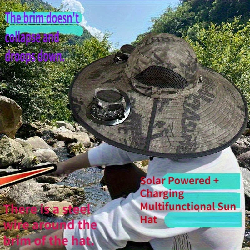 Solar Powered Fan Fishing Hat Dual Cooling Fans Wide Brim Usb Charging Sun Hat For Outdoor Fishing Hiking And Camping Activities