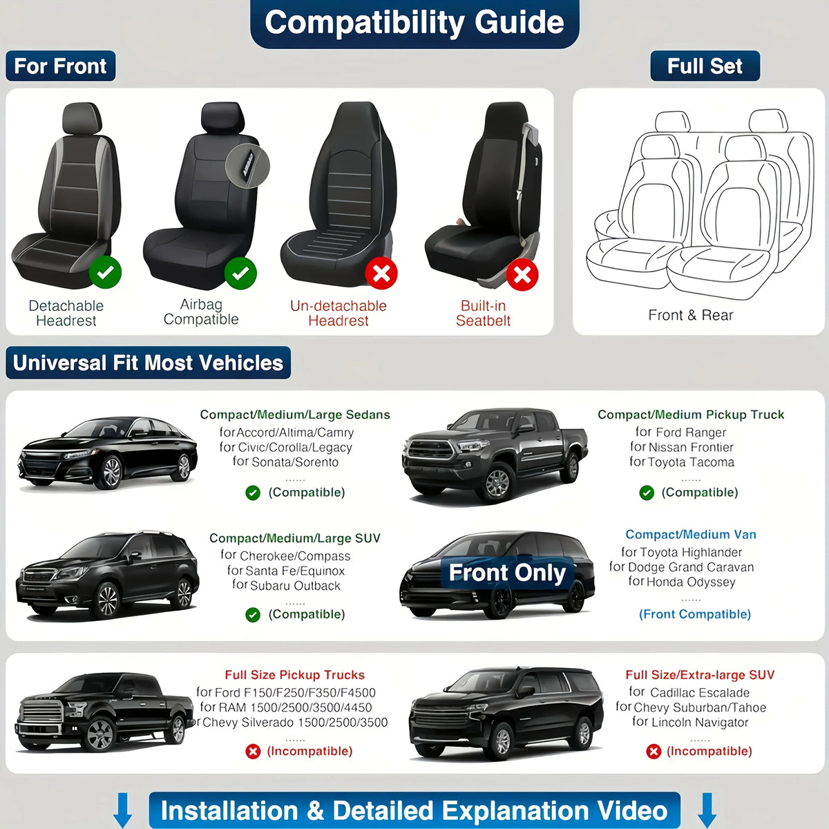 Universal 5-Piece Car Seat Covers Set, PU Leather for Year-Round Comfort & Durability, Form-Fitting Design Fits 95% of Vehicles