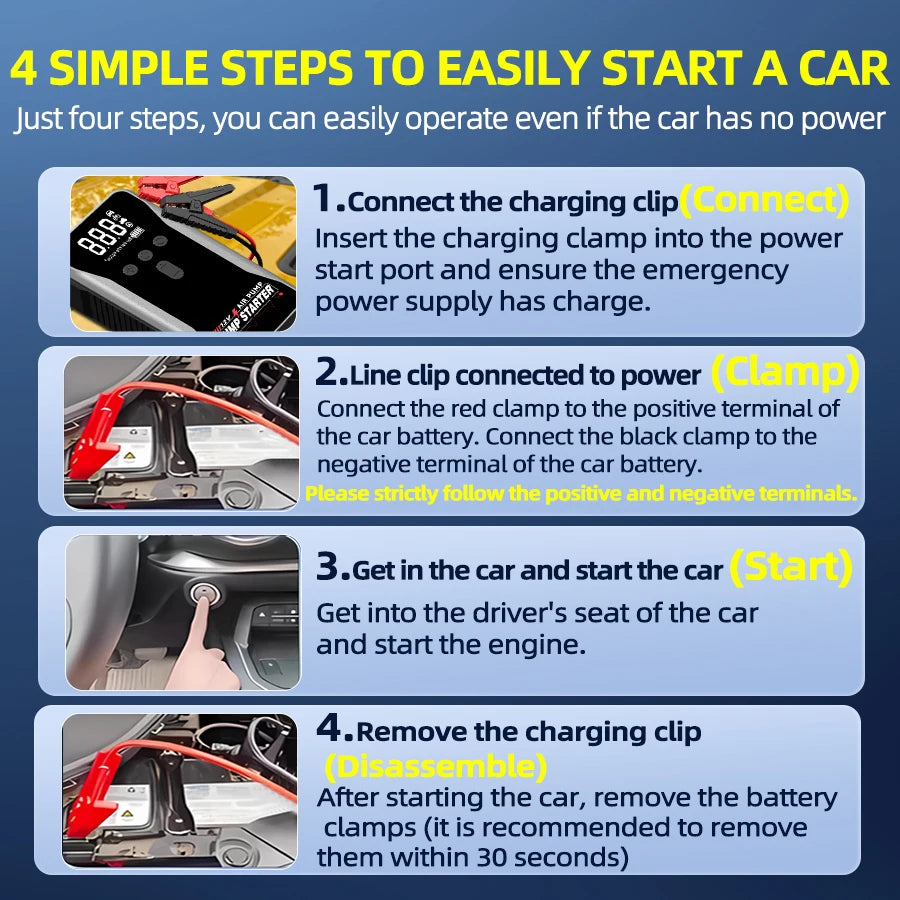 Portable large-capacity 12V 8000A smart emergency car jump starter with air compressor, multifunctional emergency flashlight, power bank, air pump. Suitable for all gasoline vehicles and all types of engines.