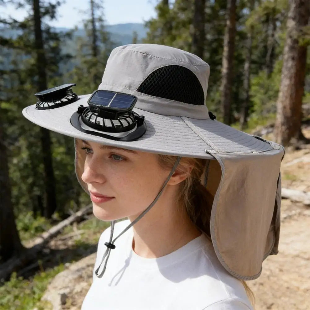 Solar Fan Hat with Neck Flap UV Protection Hat with Solar Fan USB Rechargeable Breathable Men Summer Outdoor Fishing Wide Brim B