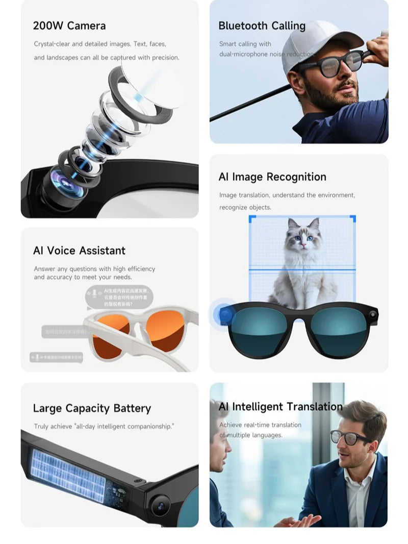 Lenovo Smart AI Glasses 1200MP 8K HD Color Changing Chat Translate Camera Bluetooth Call Voice Assistant Music Control Glasses