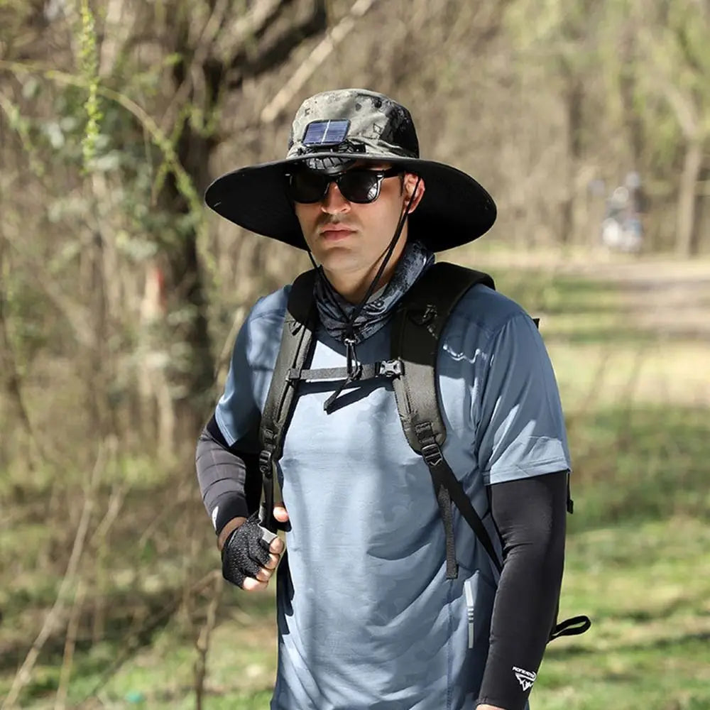 2 Solar Fan Sun Hat with Solar Fan Breathable USB Recharging Wide Brim Sun Hat Waterproof Solar Powered Dual Mode Fan Cap Men