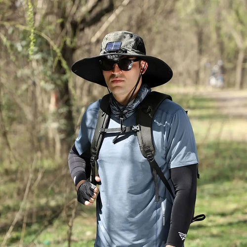2 Solar Fan Sun Hat with Solar Fan Breathable USB Recharging Wide Brim Sun Hat Waterproof Solar Powered Dual Mode Fan Cap Men