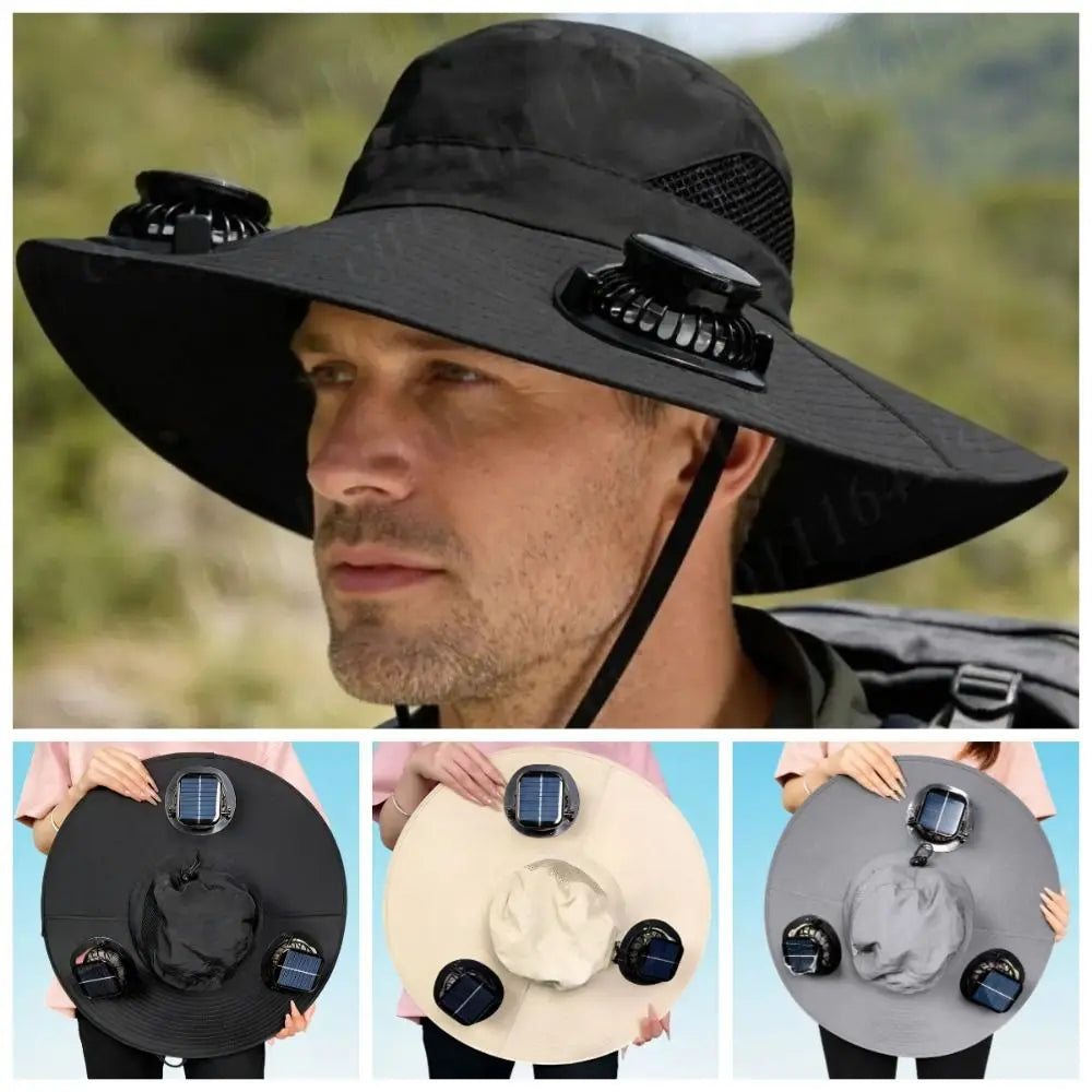 3 Fans Solar Fan Hat Breathable UV Protection Wide Brim Sun Cap Portable Lightweight Cooling Fisherman Hat Hot Weather
