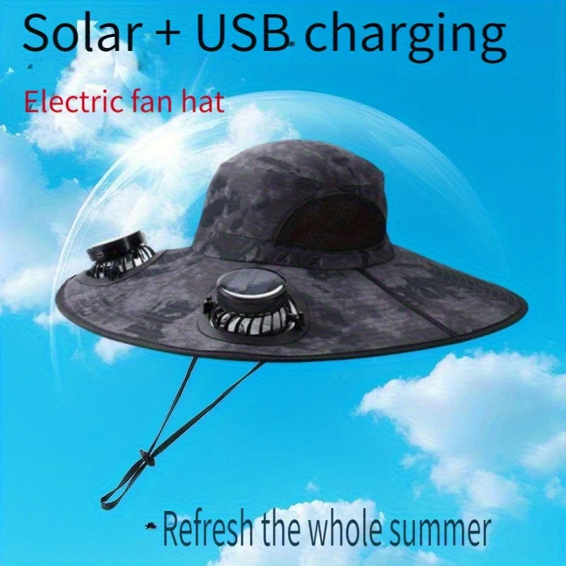 Solar Powered Fan Fishing Hat Dual Cooling Fans Wide Brim Usb Charging Sun Hat For Outdoor Fishing Hiking And Camping Activities