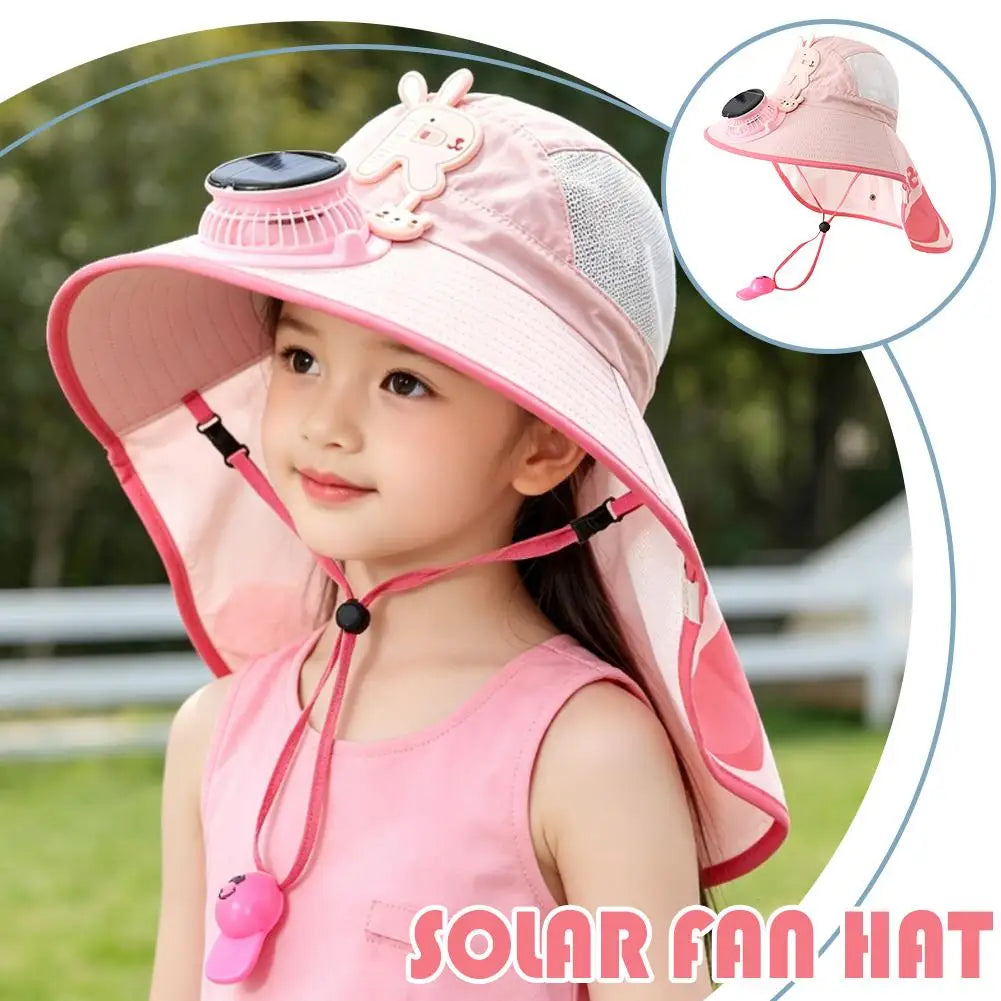 Kids Solar & USB Charging Fan Sun Hat Summer Breathable Mesh, Wide Brim UV Protection Sun Hat for Boys and Girls with Neck Cover