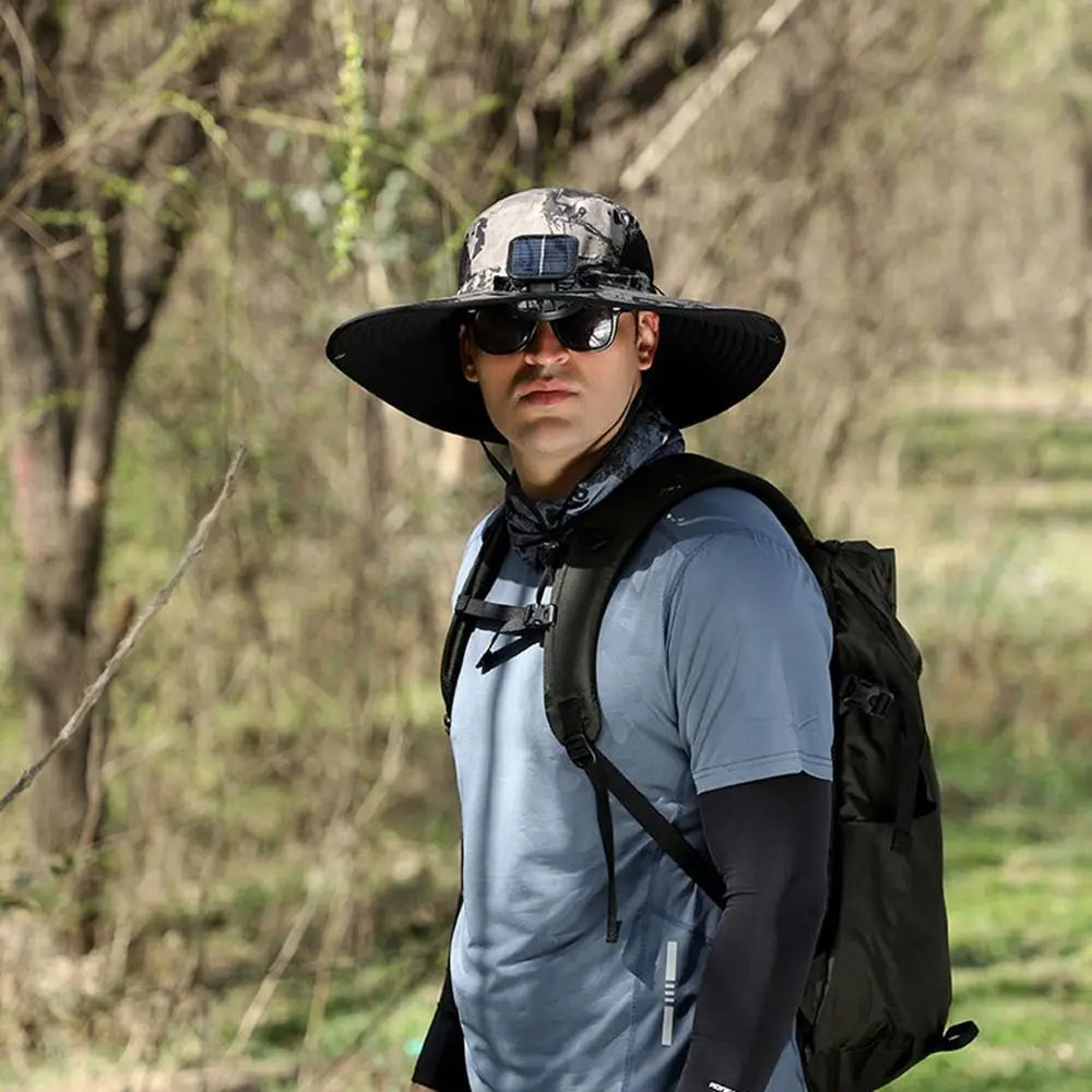 2 Solar Fan Sun Hat with Solar Fan Breathable USB Recharging Wide Brim Sun Hat Waterproof Solar Powered Dual Mode Fan Cap Men