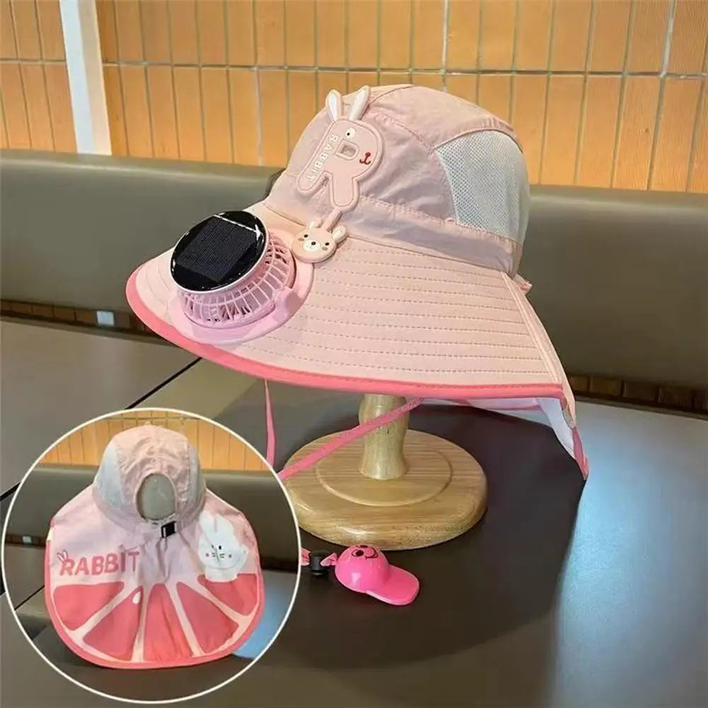 Kids Solar & USB Charging Fan Sun Hat Summer Breathable Mesh, Wide Brim UV Protection Sun Hat for Boys and Girls with Neck Cover