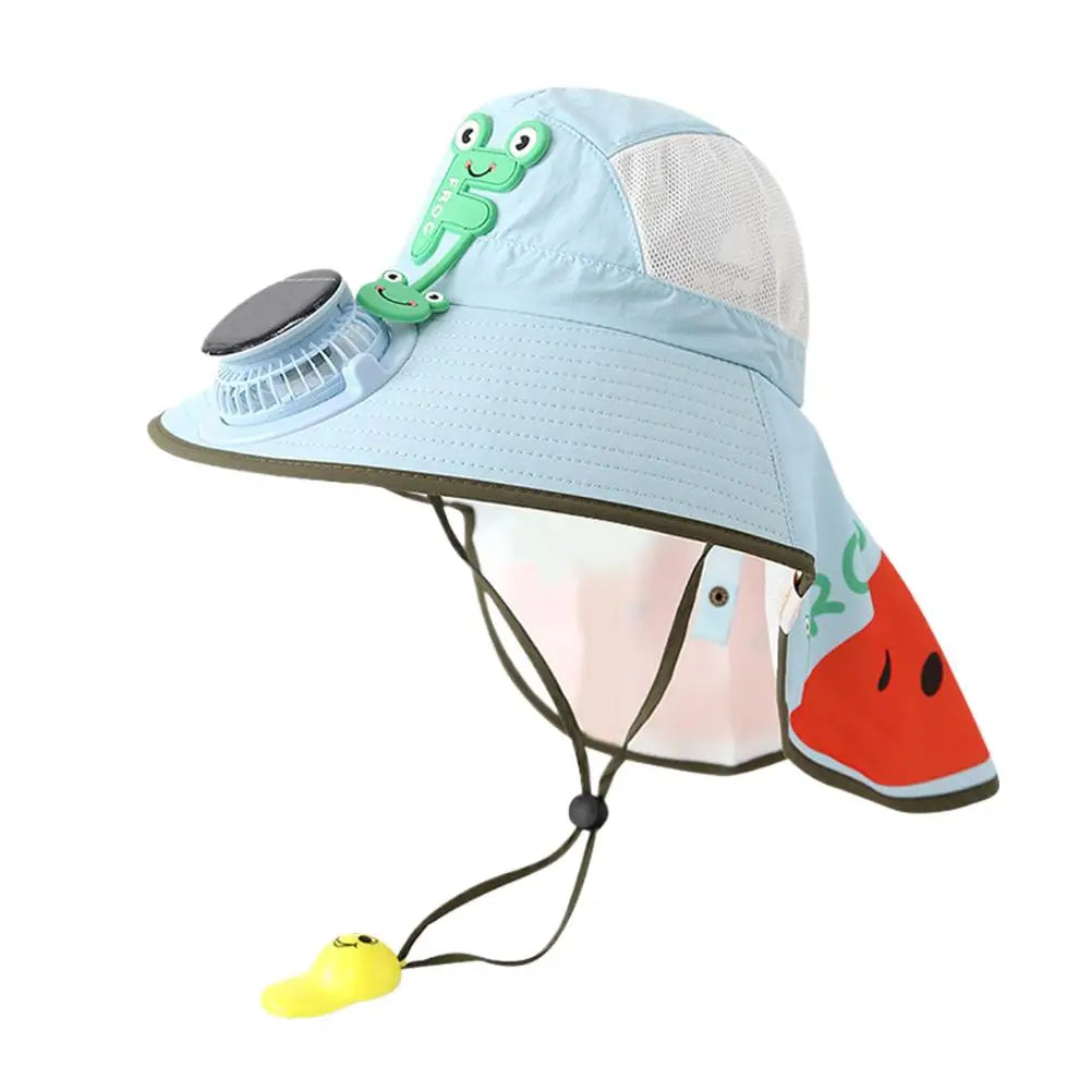 Kids Solar & USB Charging Fan Sun Hat Summer Breathable Mesh, Wide Brim UV Protection Sun Hat for Boys and Girls with Neck Cover