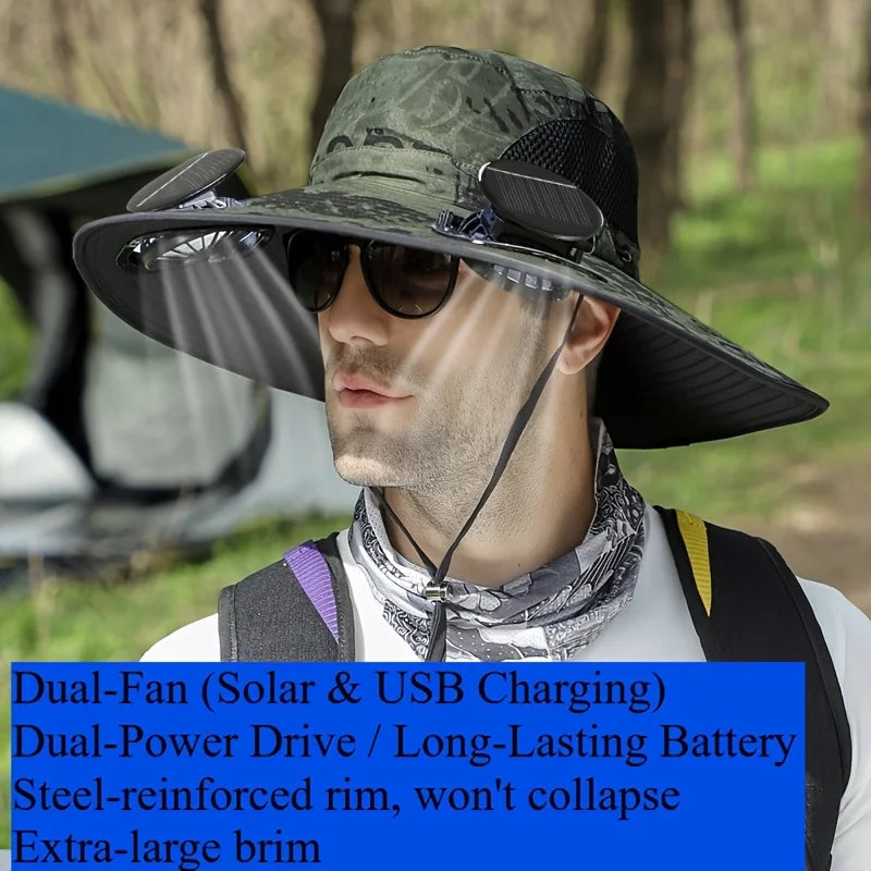 Solar Powered Fan Fishing Hat Dual Cooling Fans Wide Brim Usb Charging Sun Hat For Outdoor Fishing Hiking And Camping Activities