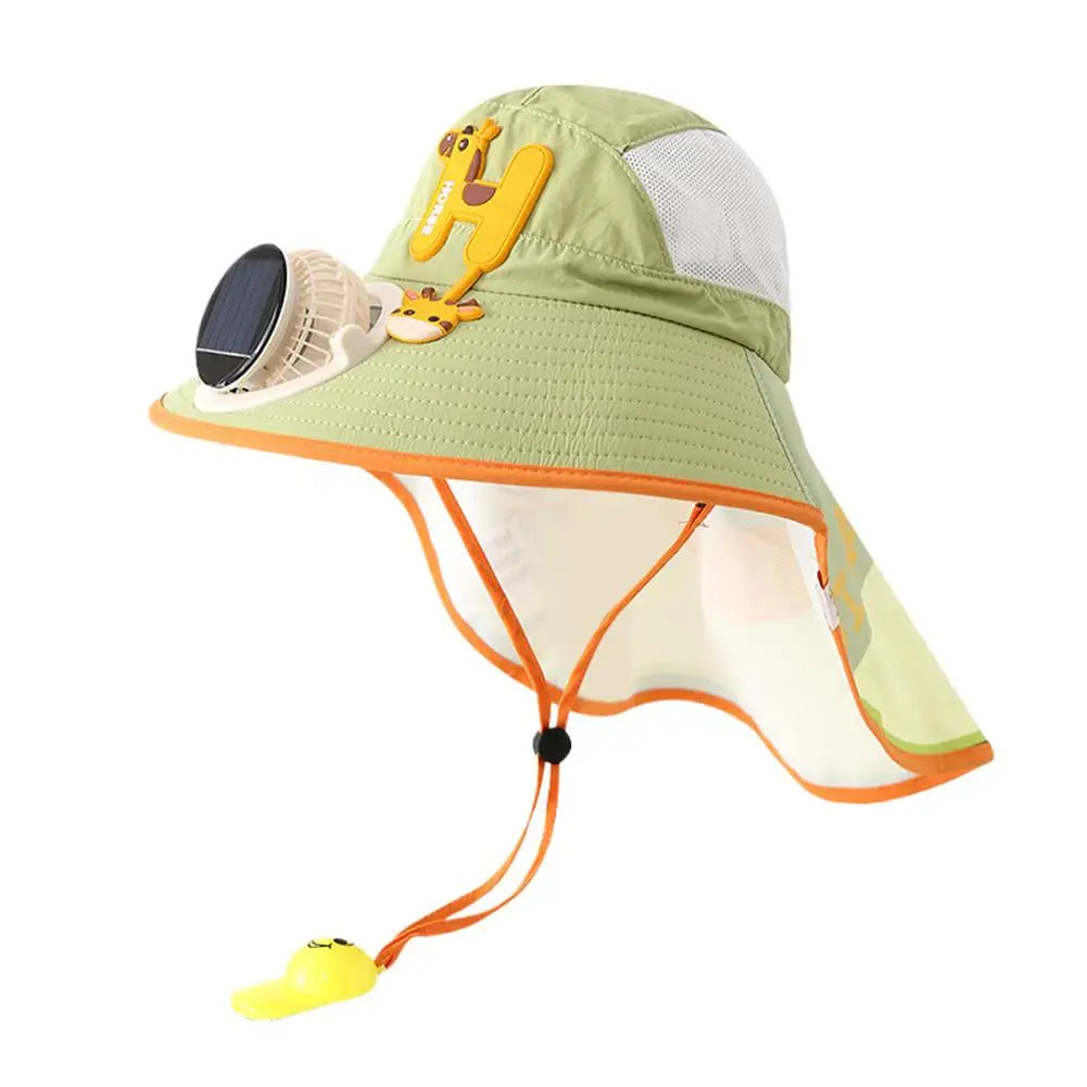 Kids Solar & USB Charging Fan Sun Hat Summer Breathable Mesh, Wide Brim UV Protection Sun Hat for Boys and Girls with Neck Cover