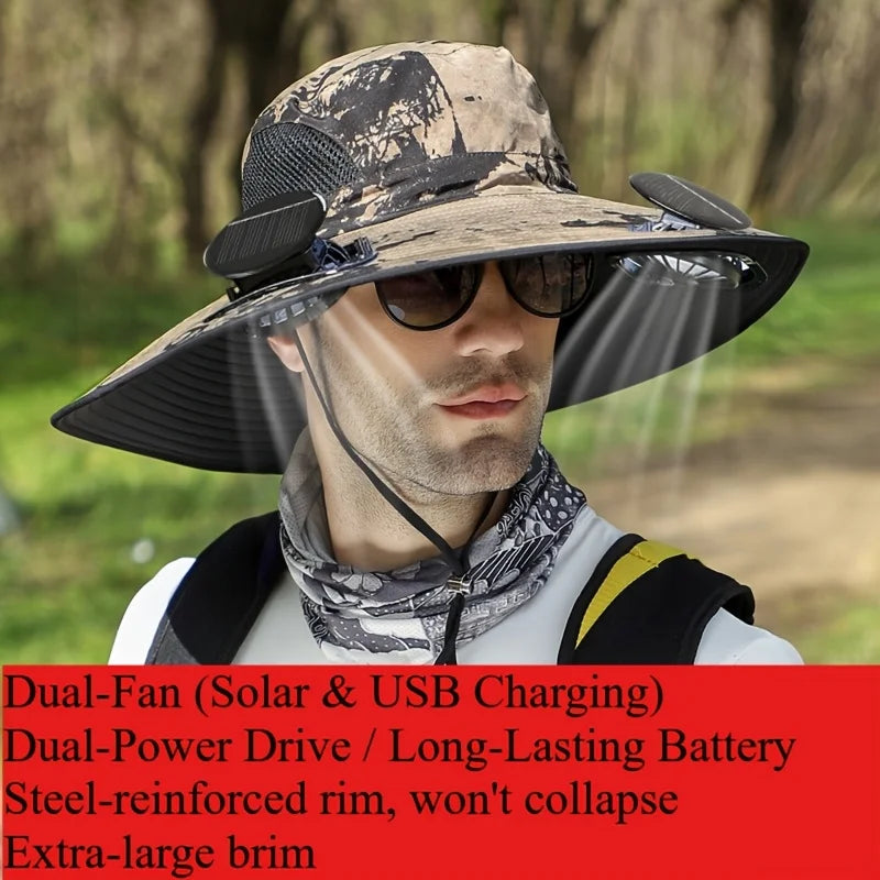 Solar Powered Fan Fishing Hat Dual Cooling Fans Wide Brim Usb Charging Sun Hat For Outdoor Fishing Hiking And Camping Activities
