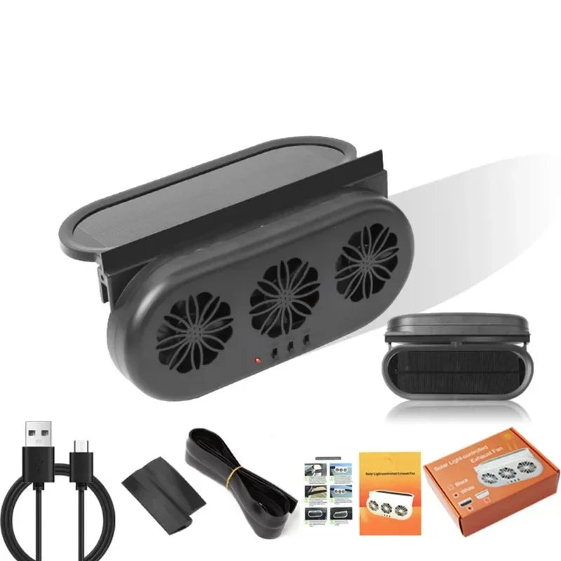 Solar Powered Car Exhaust Fan 3 Head Electric Car Cooling Fan USB Charging Window Ventilator Front Rear Seat Purifiers Radiator