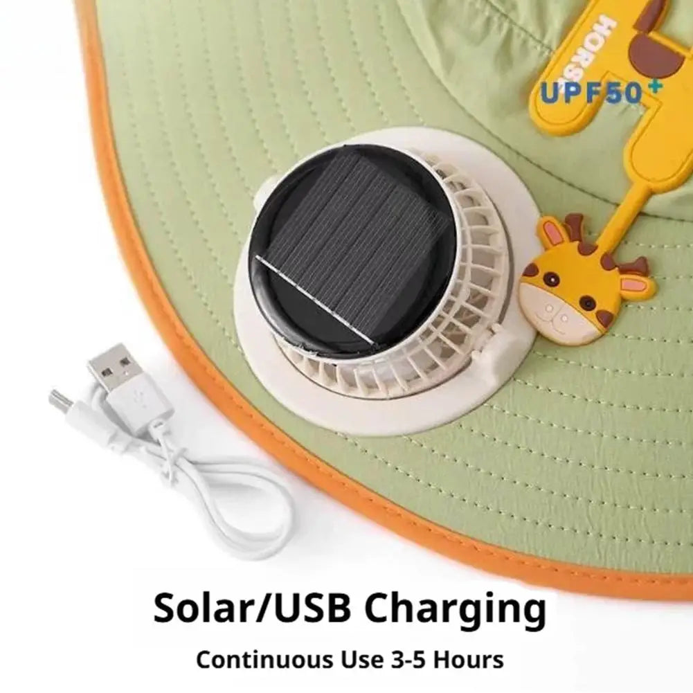 Kids Solar & USB Charging Fan Sun Hat Summer Breathable Mesh, Wide Brim UV Protection Sun Hat for Boys and Girls with Neck Cover