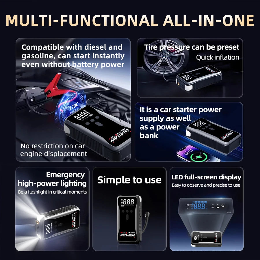 Portable large-capacity 12V 8000A smart emergency car jump starter with air compressor, multifunctional emergency flashlight, power bank, air pump. Suitable for all gasoline vehicles and all types of engines.