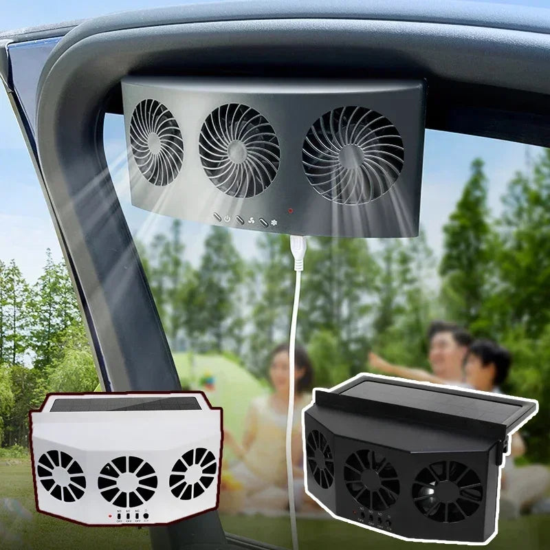 USB Solar Rechargeable Car Exhaust Fan 3 Head High Wind Air Circulation Cooling Ventilation Heat Dissipation Auto Vehicle Cooler