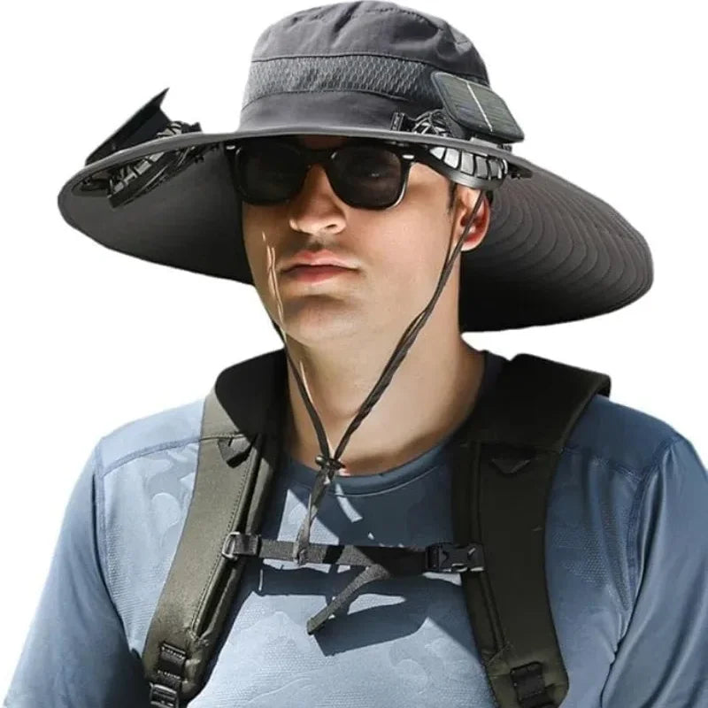 New Men's Fashion Wide Brim Solar Fan Hat UPF50+ Sun Protection with Dual Power (Solar USB) Adjustable Outdoor Beach Fishing Hat