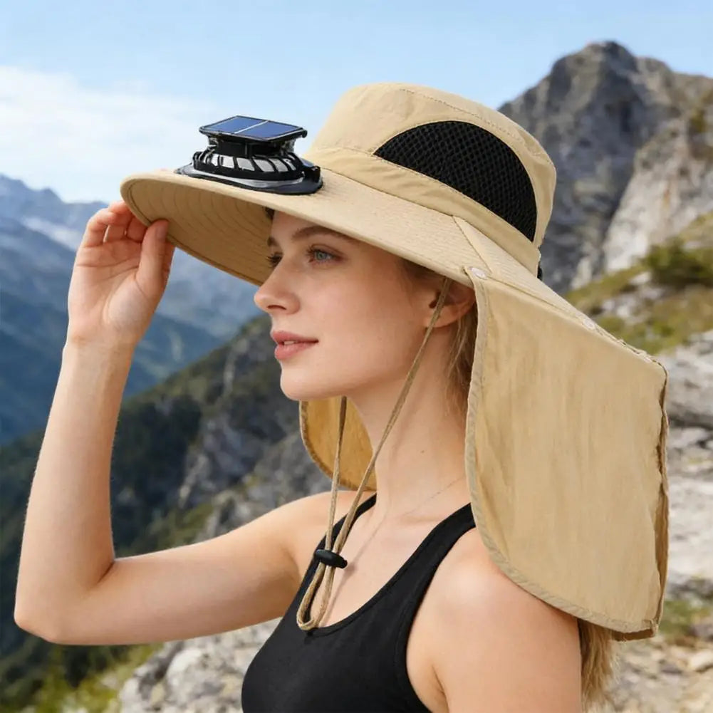 Solar Fan Hat with Neck Flap UV Protection Hat with Solar Fan USB Rechargeable Breathable Men Summer Outdoor Fishing Wide Brim B