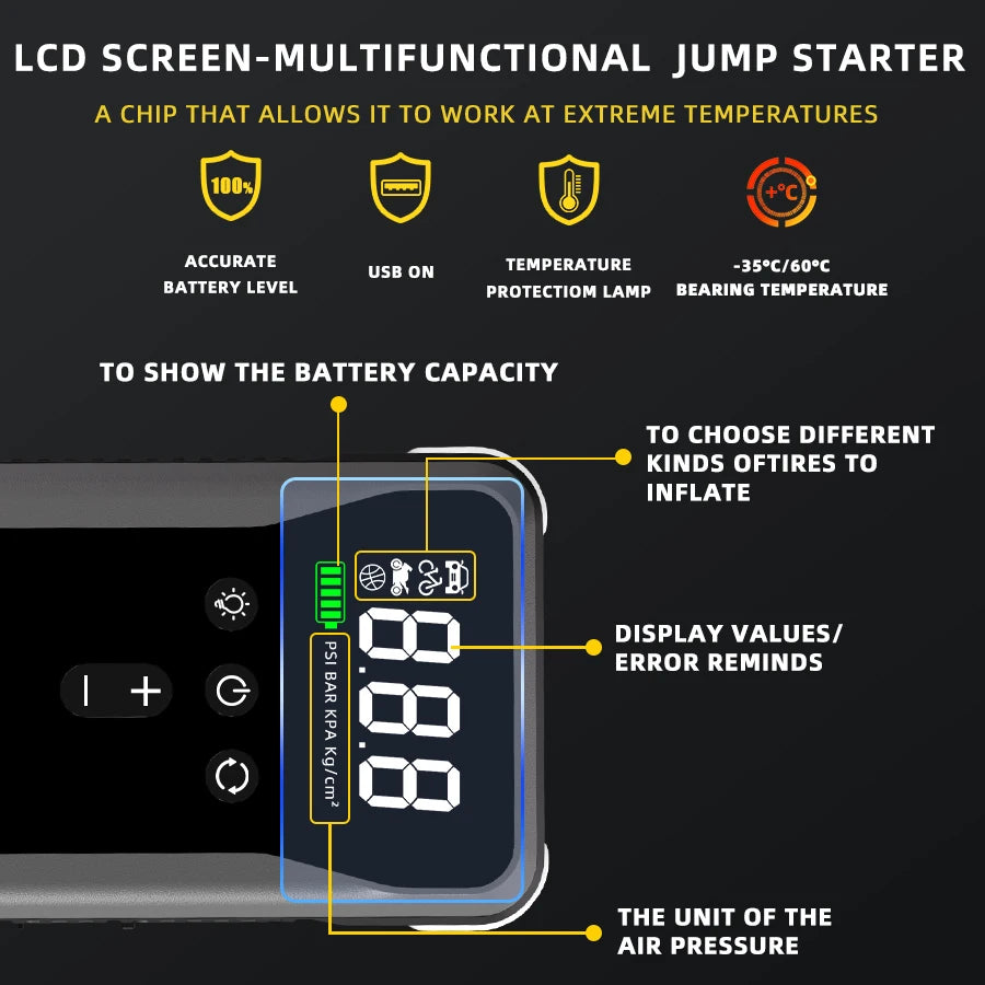 Portable large-capacity 12V 8000A smart emergency car jump starter with air compressor, multifunctional emergency flashlight, power bank, air pump. Suitable for all gasoline vehicles and all types of engines.
