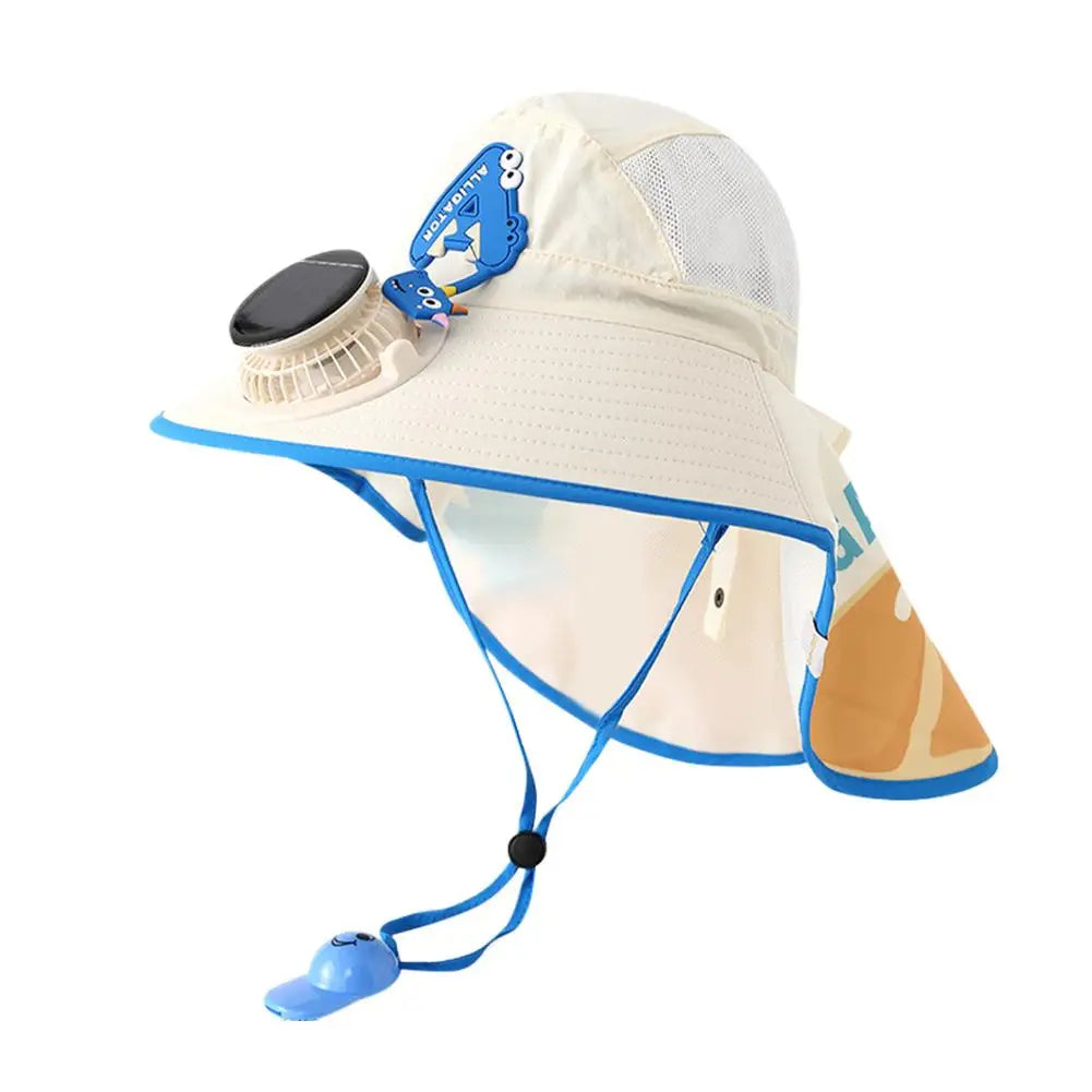 Kids Solar & USB Charging Fan Sun Hat Summer Breathable Mesh, Wide Brim UV Protection Sun Hat for Boys and Girls with Neck Cover