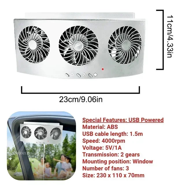 USB Solar Rechargeable Car Exhaust Fan 3 Head High Wind Air Circulation Cooling Ventilation Heat Dissipation Auto Vehicle Cooler