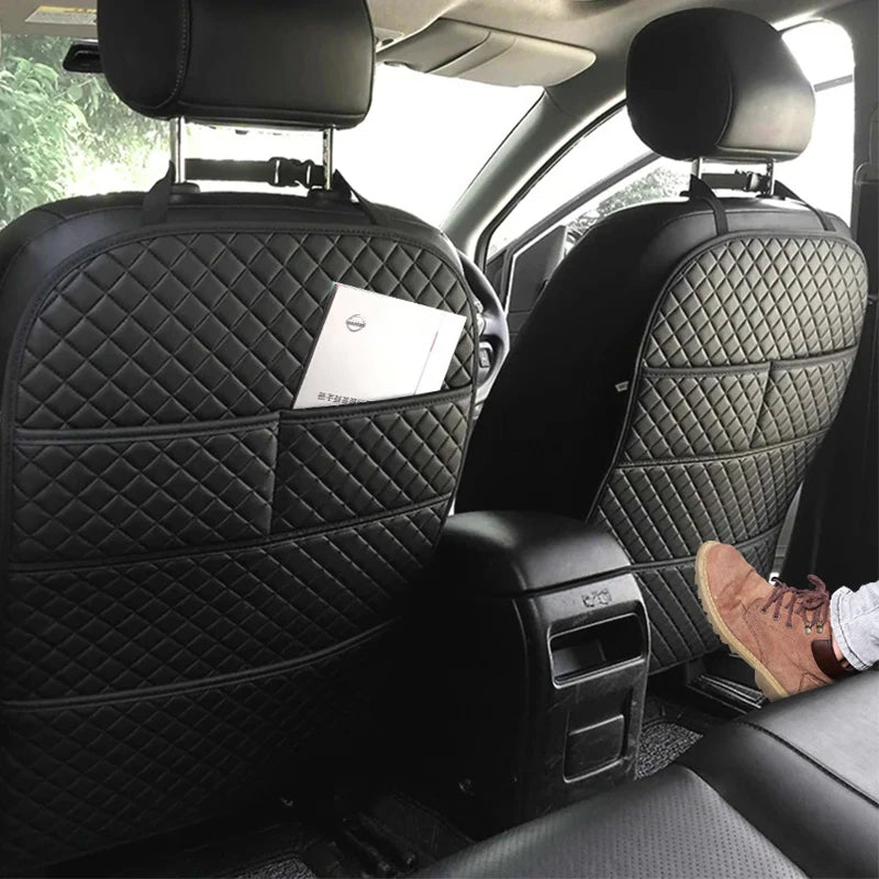 Universal Leather Car Seat Back Anti-Kick Mat, Waterproof Protective Cover with Storage Pocket, Rear Seat Child Protection