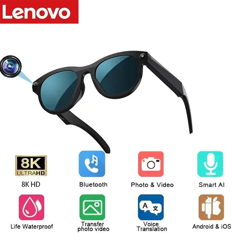 Lenovo Smart AI Glasses 1200MP 8K HD Color Changing Chat Translate Camera Bluetooth Call Voice Assistant Music Control Glasses