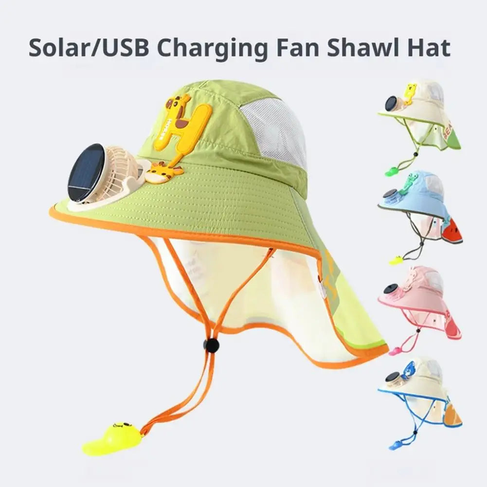 Kids Solar & USB Charging Fan Sun Hat Summer Breathable Mesh, Wide Brim UV Protection Sun Hat for Boys and Girls with Neck Cover