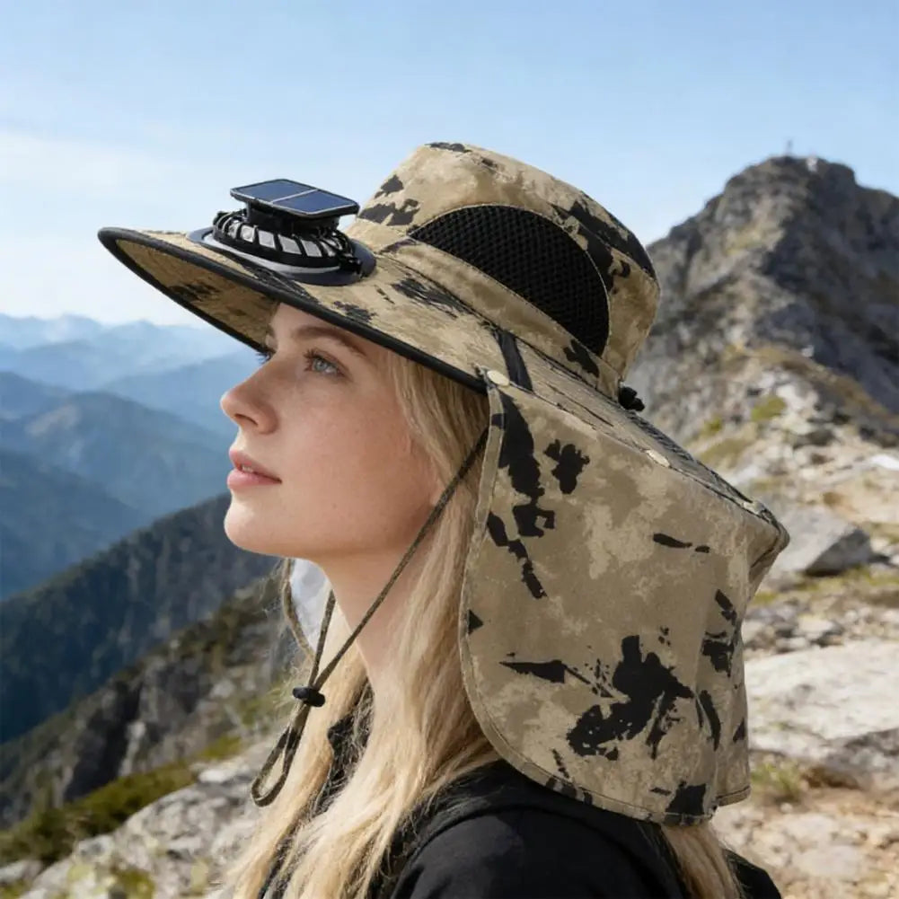 Solar Fan Hat with Neck Flap UV Protection Hat with Solar Fan USB Rechargeable Breathable Men Summer Outdoor Fishing Wide Brim B