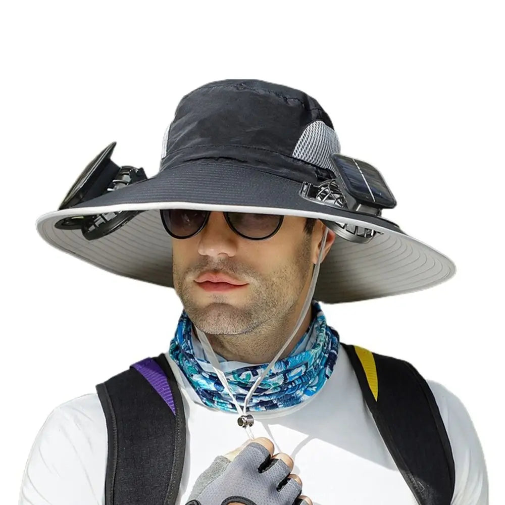 2 Solar Fan Sun Hat with Solar Fan Breathable USB Recharging Wide Brim Sun Hat Waterproof Solar Powered Dual Mode Fan Cap Men