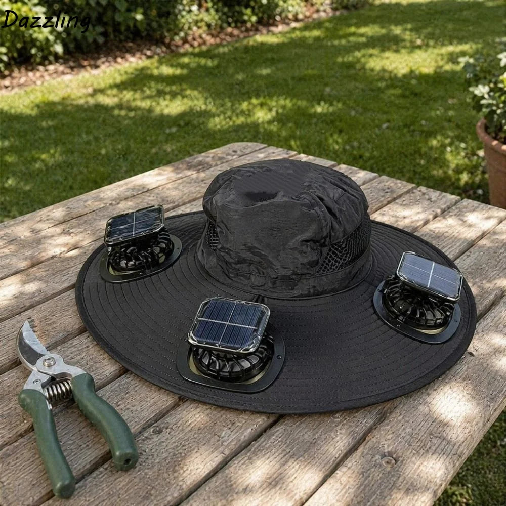 3 Fans Solar Fan Hat Breathable UV Protection Wide Brim Sun Cap Portable Lightweight Cooling Fisherman Hat Hot Weather