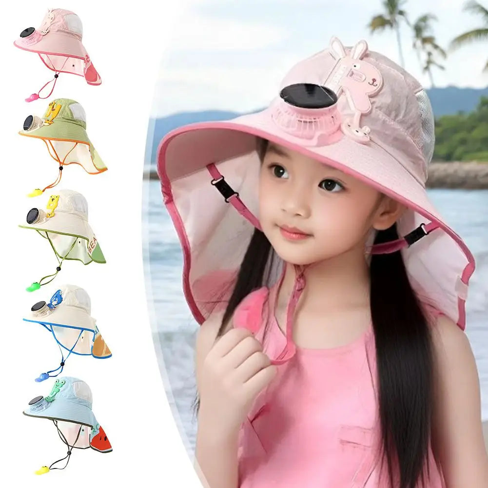 Kids Solar & USB Charging Fan Sun Hat Summer Breathable Mesh, Wide Brim UV Protection Sun Hat for Boys and Girls with Neck Cover
