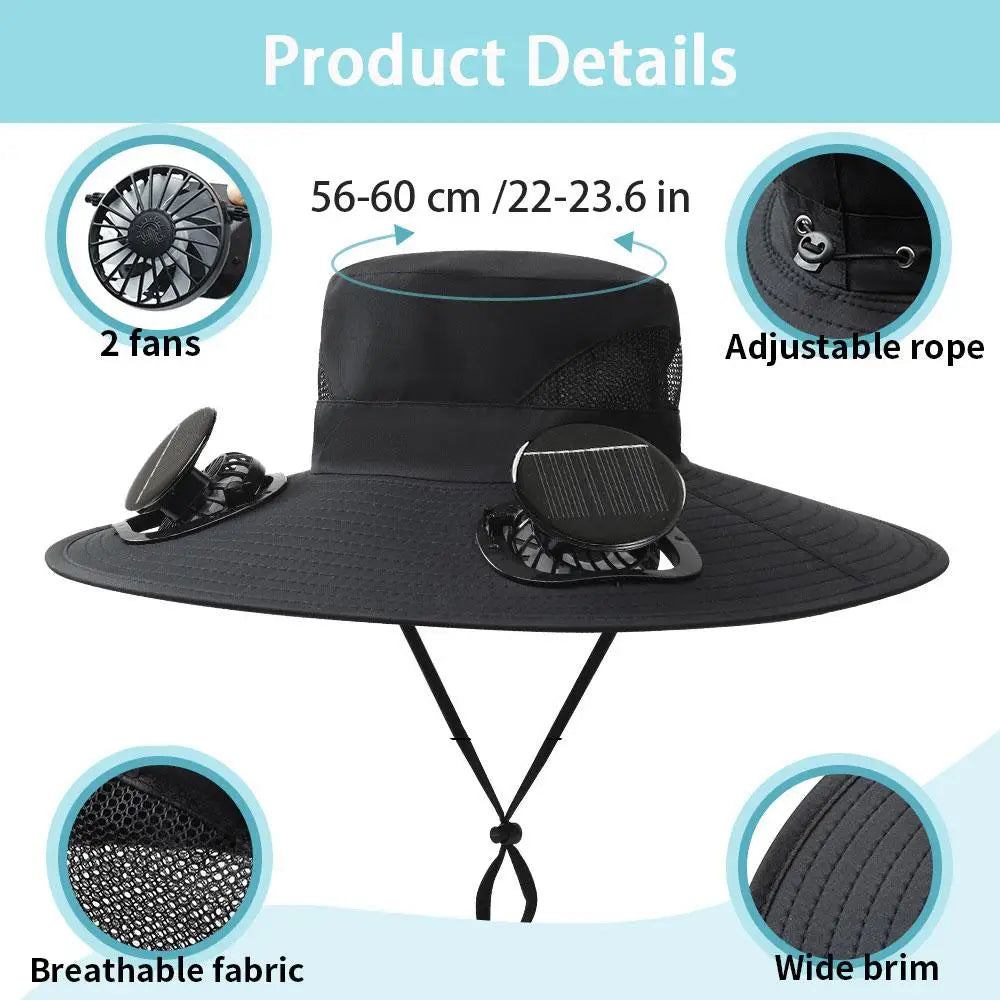 New Wide Brim Solar Fan Hat Sun Protection With Dual Solar Power Fan Outdoor Beach ‌Hike Fishing Hat For Men Women Fisherman Hat