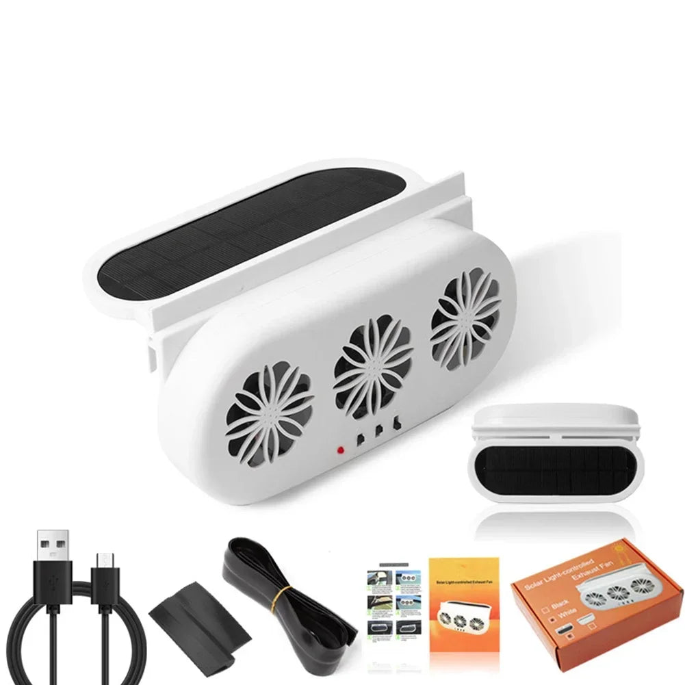 Solar Powered Car Exhaust Fan 3 Head Electric Car Cooling Fan USB Charging Window Ventilator Front Rear Seat Purifiers Radiator