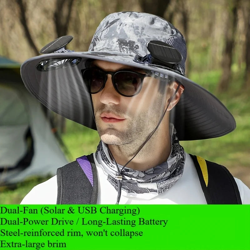 Solar Powered Fan Fishing Hat Dual Cooling Fans Wide Brim Usb Charging Sun Hat For Outdoor Fishing Hiking And Camping Activities