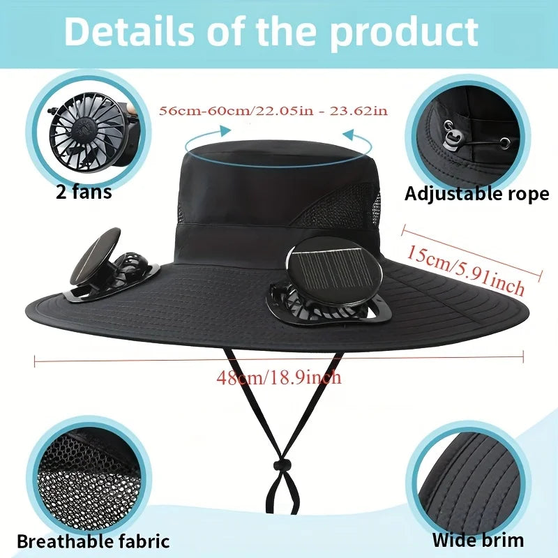 Solar Powered Fan Fishing Hat Dual Cooling Fans Wide Brim Usb Charging Sun Hat For Outdoor Fishing Hiking And Camping Activities