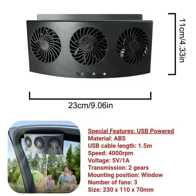 USB Solar Rechargeable Car Exhaust Fan 3 Head High Wind Air Circulation Cooling Ventilation Heat Dissipation Auto Vehicle Cooler