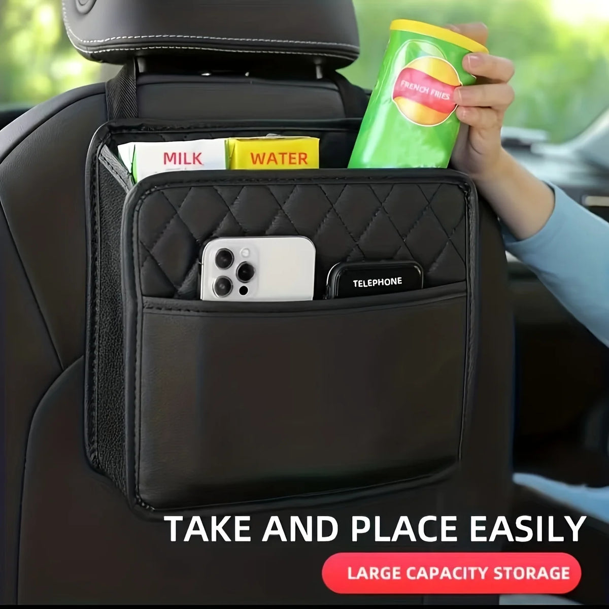 Premium Synthetic PU Leather Car Seat Storage Bag - Universal For All Car Models - Keep Your Car Clean And Organized